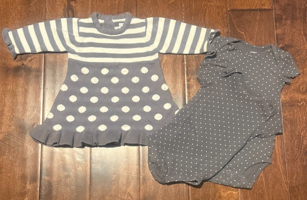 Children's Place Gray & Cream Sweater Dress, Polka Dot One Piece (2) - 6-9 mths